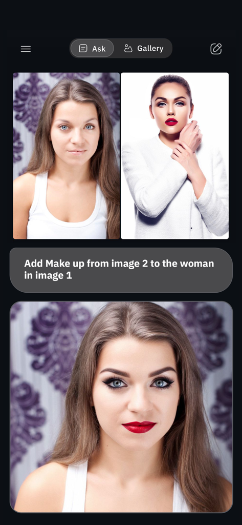 AI photo editor demonstration showing makeup transfer from one image to another woman portrait