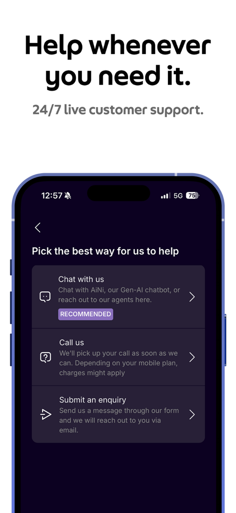 GXBank - GXBank mobile app interface showing 24/7 live customer support options including chat, phone, and enquiry submission.