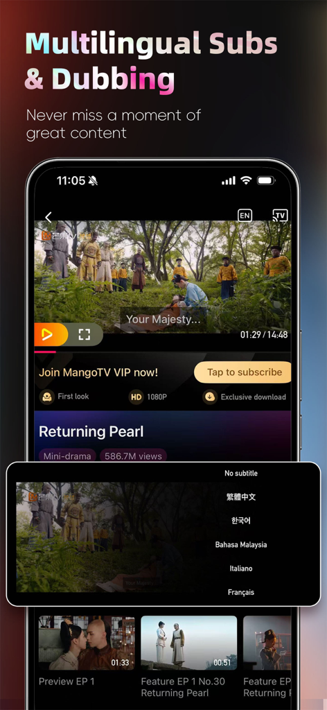 Interfaz de la aplicación MangoTV mostrando opciones de subtítulos y doblaje multilingües para dramas chinos.