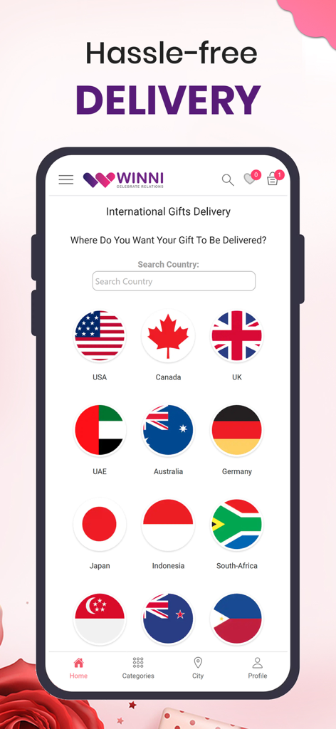 Winni - Cake, Flowers & Gifts - Winni app interface for international gift delivery with country selection flags