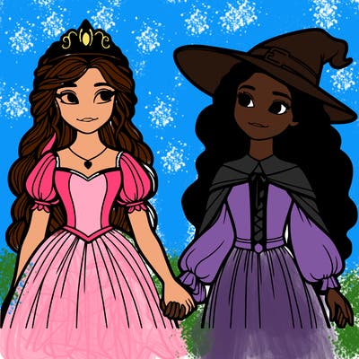 a princess and a witch holding hands realistic