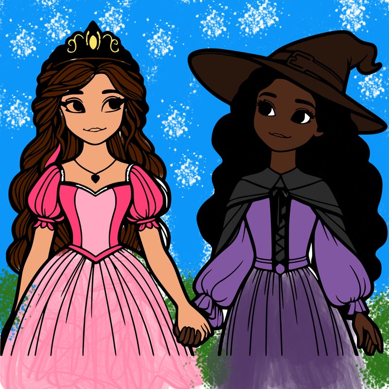 a princess and a witch holding hands realistic