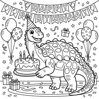 Get ready for a prehistoric party with this adorable Saltasaurus coloring page! Our armored dinosaur friend is celebrating a birthday, complete with a festive hat, cake, and balloons, ready for you to bring to life with color.