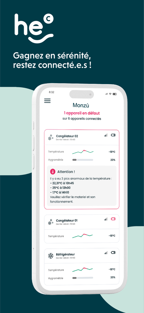 HE connect - Tableau de bord de l'application HE Connect affichant la surveillance de la température et de l'humidité en temps réel pour l'équipement de réfrigération avec une notification d'alerte critique.