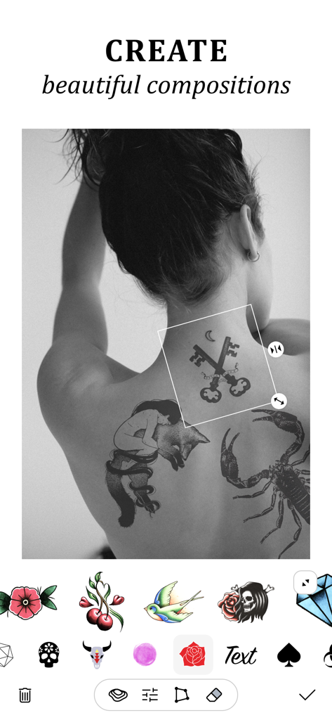 A user creating a tattoo composition by placing multiple digital designs on a photo of a woman's back.