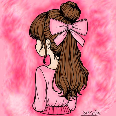 realistic girl  with hip length hair a bun and a big bow on the back of head