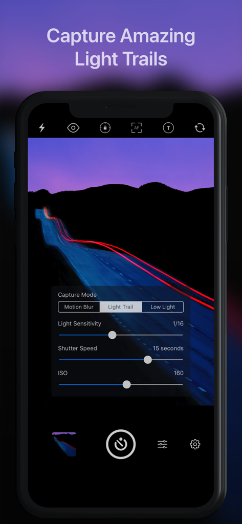 Slow Shutter Cam app interface showing the light trail capture mode with manual shutter speed and ISO settings.