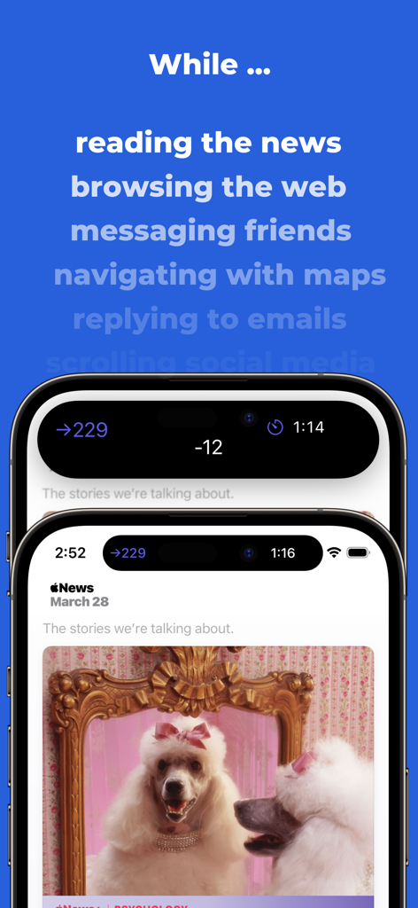 Sweet Dreams – Sugar Tracker - Glucose tracking data displayed in the iPhone Dynamic Island while using the Apple News app.
