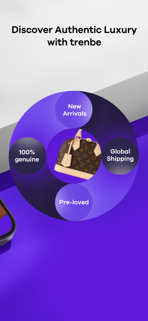 Trenbe app interface showing luxury fashion features like new arrivals pre-loved items and global shipping