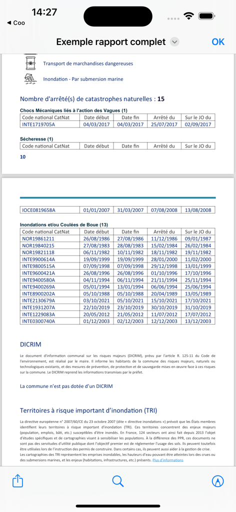 Coo - Um relatório detalhado de risco de propriedade da aplicação Coo mostrando o histórico de desastres naturais e dados ambientais.