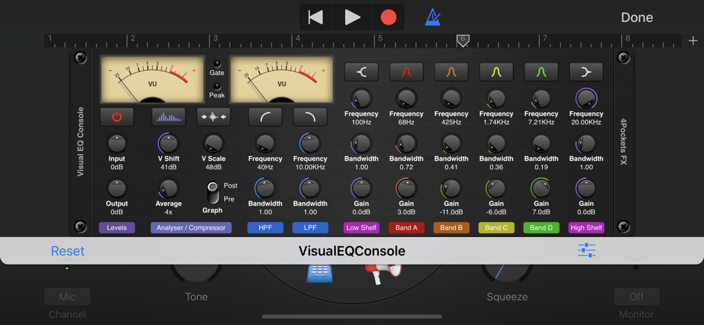 Interface of the Visual EQ Console AUv3 plugin showing multi-band equalizer controls and analog VU meters