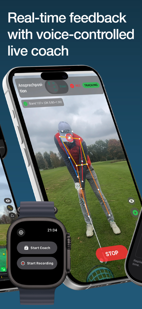 DeepSwing: AI Golf Swing Coach - Interface de l'application DeepSwing montrant le suivi de swing de golf IA en temps réel sur un iPhone et le contrôle à distance sur une Apple Watch.