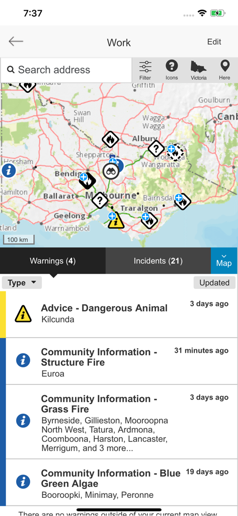 VicEmergency - Interface of the VicEmergency app displaying a map with incident icons and a list of active emergency warnings.