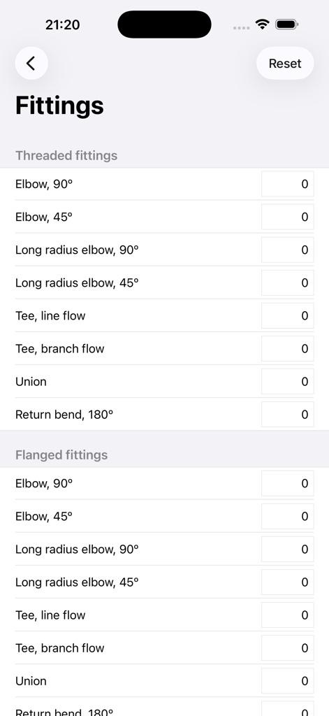 Heating Pipe Size - Selection screen for threaded and flanged pipe fittings in the heating pipe size calculator