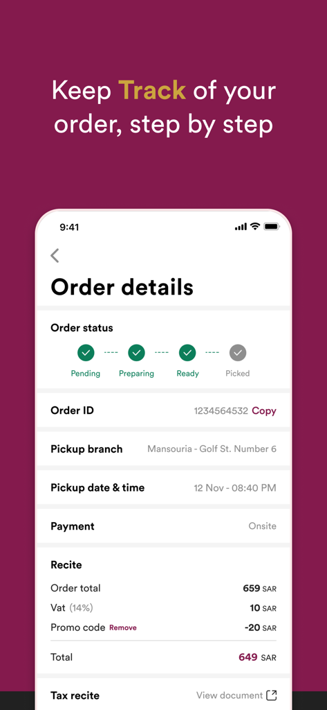 Ennabi Grill | المشوي العنابي - Ennabi Grill app order details screen showing status tracker and receipt