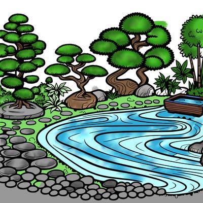 a serene zen garden with raked gravel, bonsai trees, and tranquil ponds