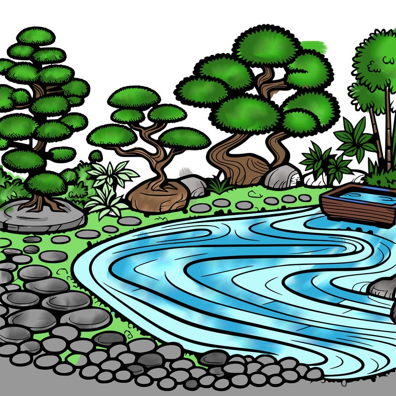 a serene zen garden with raked gravel, bonsai trees, and tranquil ponds