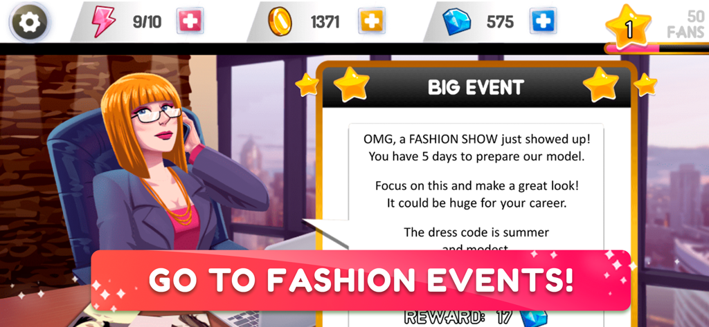 Fashion Fever 2: Dress Up Game - A fashion manager character announcing a new big event fashion show in the Fashion Fever 2 dress up game