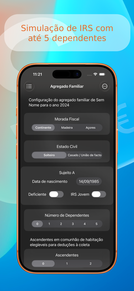 Portuguese tax calculator app interface showing household configuration settings for IRS simulation including marital status and dependents.