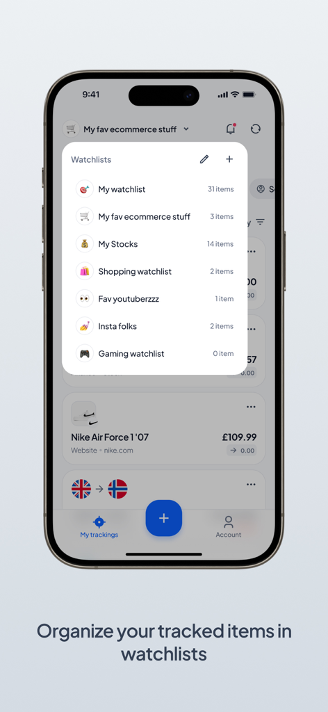 AnyTracker app interface showing organized watchlists for price tracking and stocks