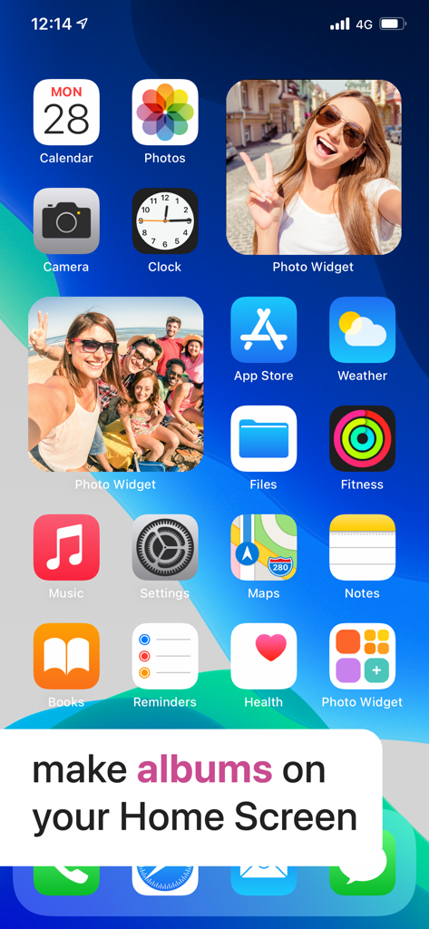 iPhone home screen displaying personalized photo widgets with memories and selfies