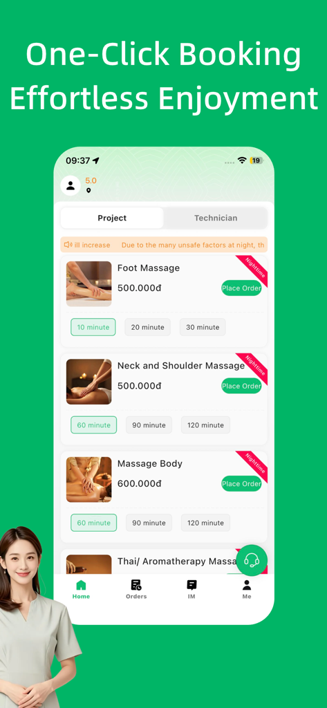 Maso-Vietnam Massage - Masoアプリのインターフェース。ベトナムでの様々な出張マッサージサービスと価格が表示されています