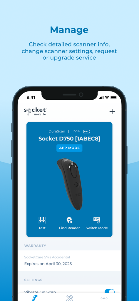 Interface of Socket Mobile Companion app showing scanner settings and warranty details for a D750 barcode reader.