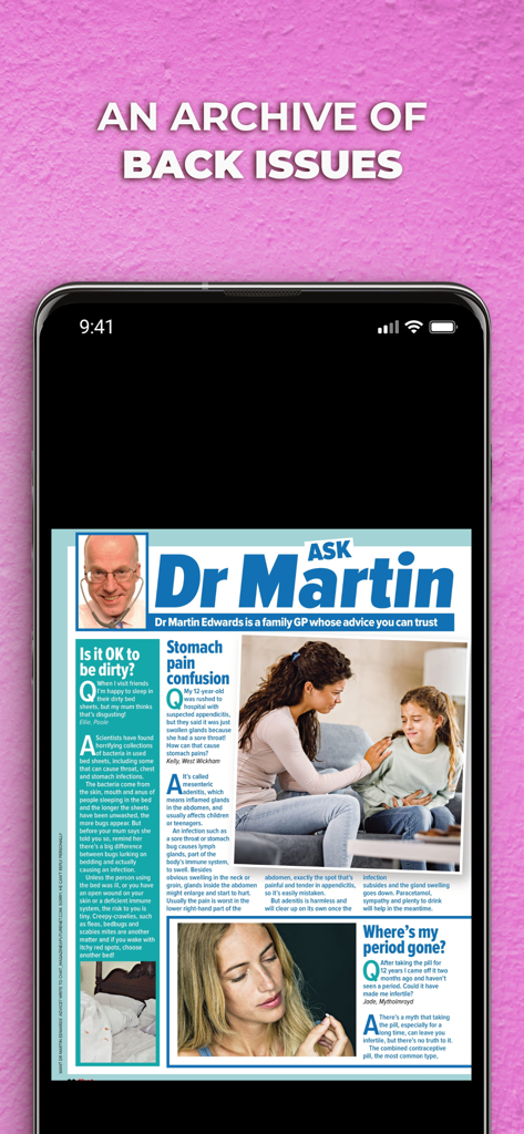 Chat Magazine - A smartphone displaying a health advice column titled Ask Dr Martin from the Chat Magazine digital archive.