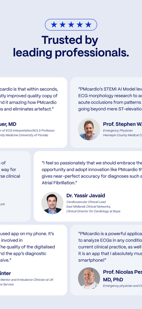 User testimonials and reviews from medical doctors endorsing the PMcardio app