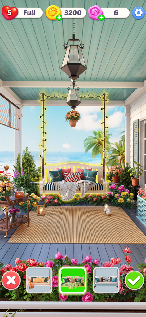 Happy Bloom Blast - Cena de decoração de varanda costeira em Happy Bloom Blast mostrando opções de móveis e arranjos florais