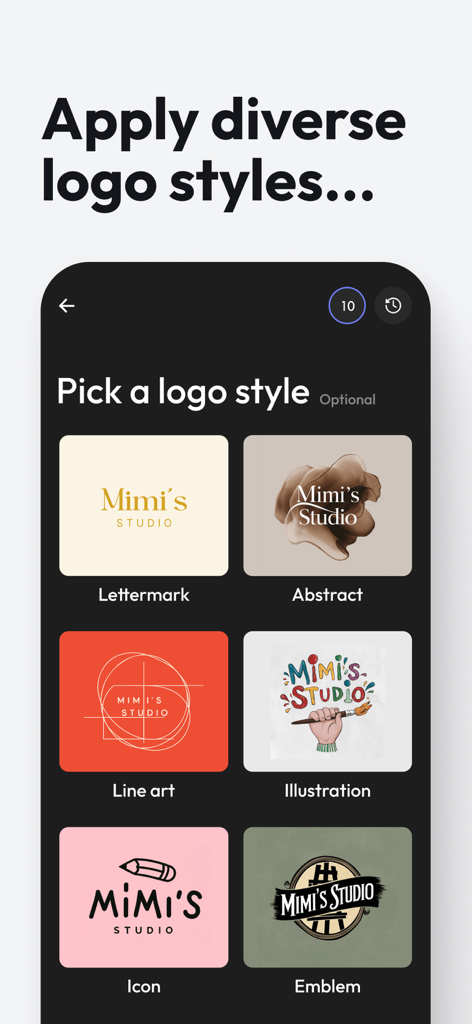 Logofy AI Logo Maker & Creator - Selection screen in Logofy AI showing six diverse logo styles including Lettermark Abstract and Line Art
