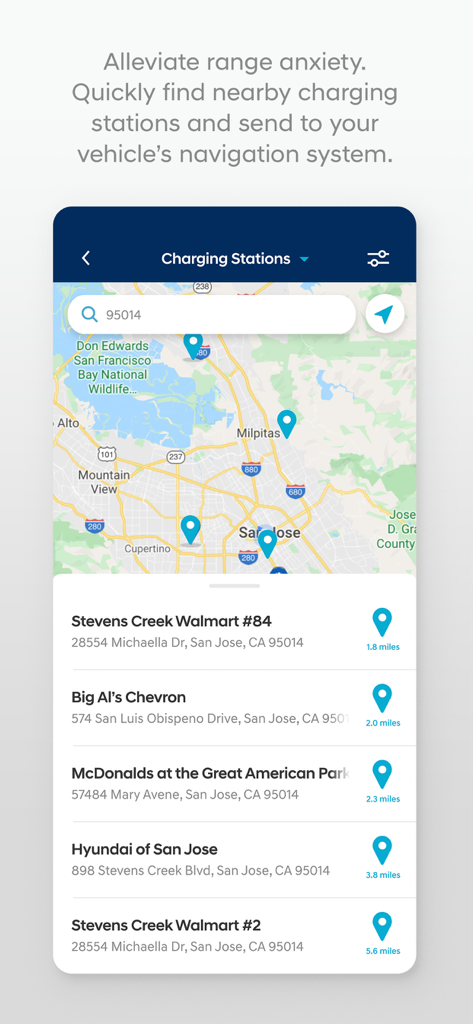 MyHyundai app screen showing a map and list of nearby electric vehicle charging stations in San Jose