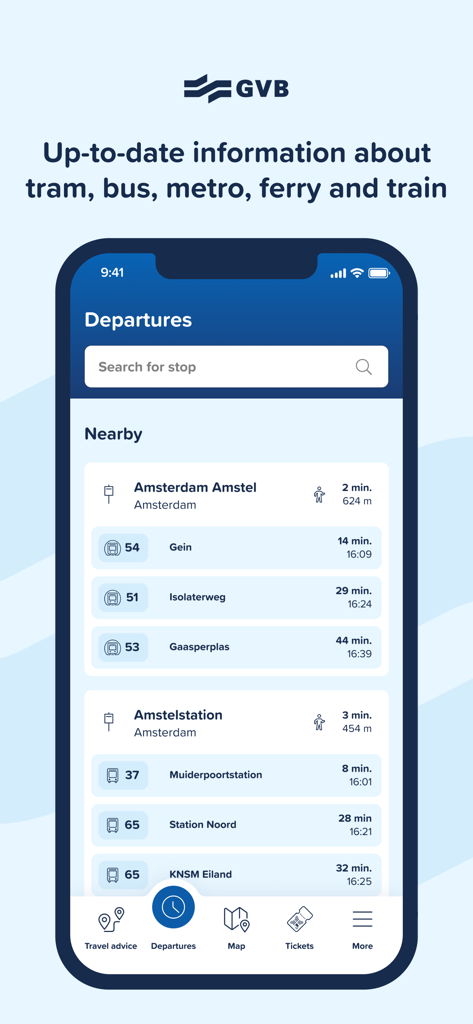 La app de transporte GVB muestra las salidas en tiempo real para el transporte público de Ámsterdam