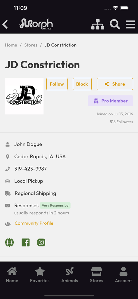 MorphMarket - Züchterprofilseite für JD Constriction in der MorphMarket App mit Standort- und Kontaktdaten