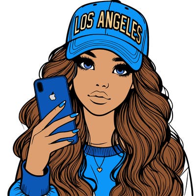 realistic beautiful girl wearing los ángeles cap holding an iphone