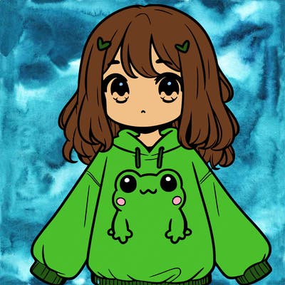 girl wearing frogging sweatshirt