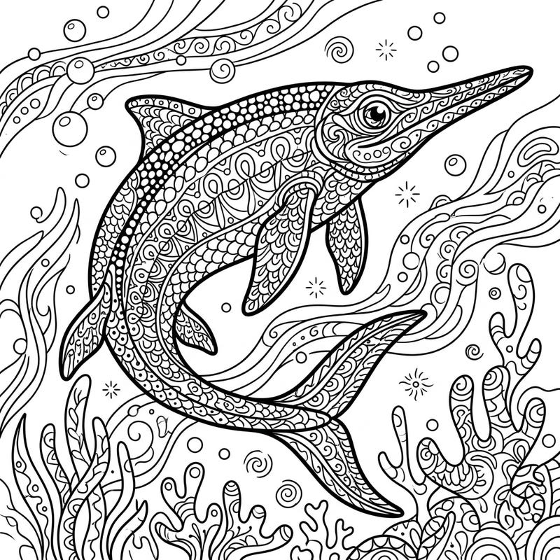 Unleash your creativity with this unique Zentangle Platypterygius coloring page. Explore the intricate patterns of this ancient marine reptile, perfect for a relaxing and engaging coloring session.