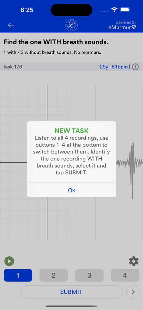 Littmann™ Learning - Instructional popup for a breath sounds identification task within the Littmann Learning app