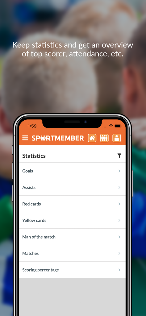 SportMember mobile app screen showing team statistics for goals, assists, and player cards