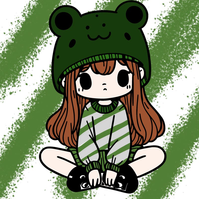 a girl wearing a frog hat and some frog socks
