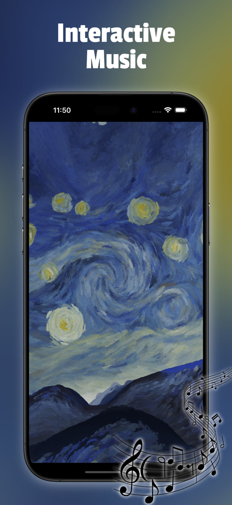 Starry Night Interactive - Smartphone mostrando una versión interactiva de La noche estrellada con notas musicales que representan música receptiva