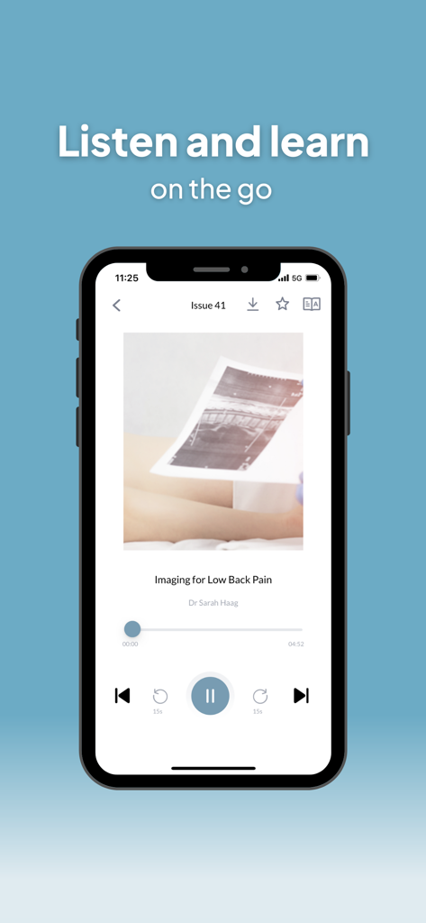 Physio Network - Interfaz del reproductor de audio de la aplicación Physio Network para escuchar reseñas de investigación sobre la marcha