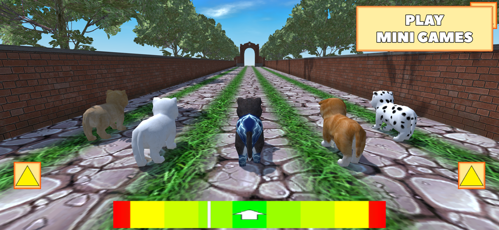Cute Pocket Puppy 3D - Part 2 - Cinco cachorros de diferentes colores compitiendo en un camino de adoquines en un minijuego 3D.