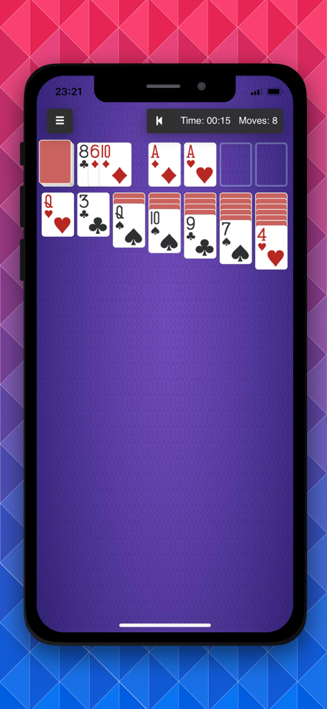 B6 Solitaire: 18 Classic Games - Classic Solitaire gameplay on a mobile phone with a purple interface