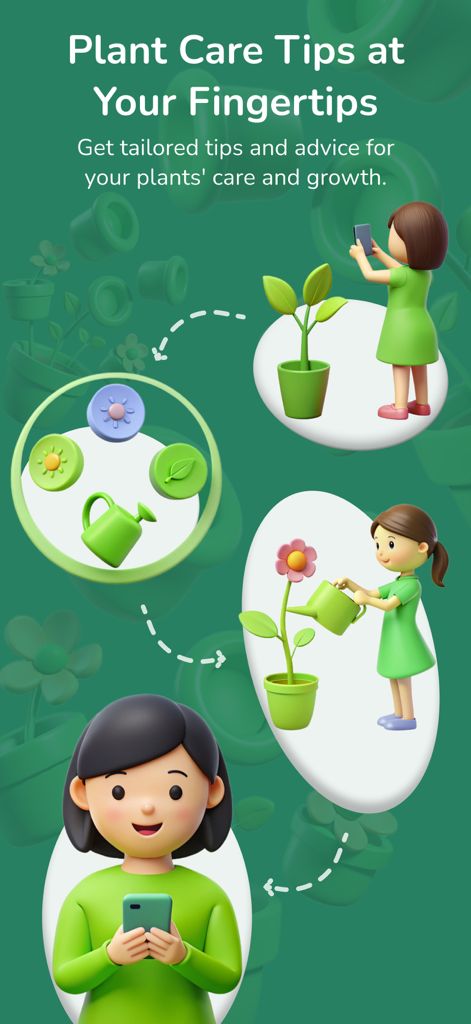 Planty | Plant Finder,Plant ID - Cartoon illustrations showing a woman using the Planty app to identify plants and care for them with watering and sunlight tips