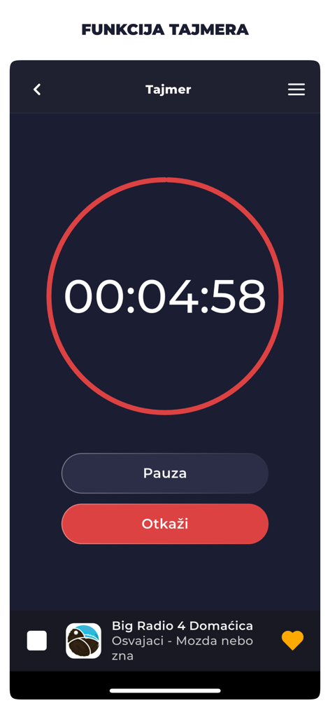 Screenshot of the sleep timer interface in the Radio Bosnia FM app showing a countdown clock and playback controls