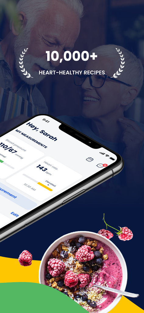 Cardi Health: Heart Health App - Cardi Health app interface showing heart rate and blood pressure tracking alongside a message about 10,000 heart healthy recipes