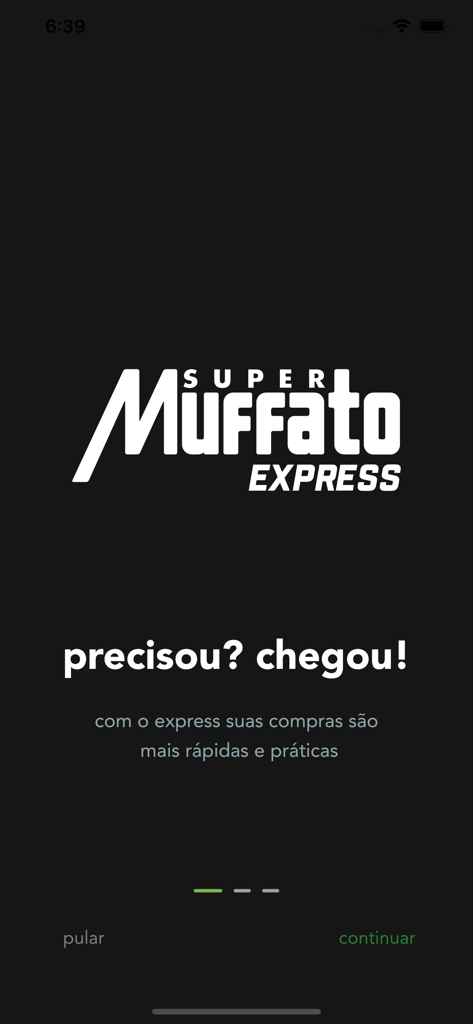 Muffato Express - Super Muffato Express app onboarding screen displaying the logo and a slogan about fast and practical grocery shopping.