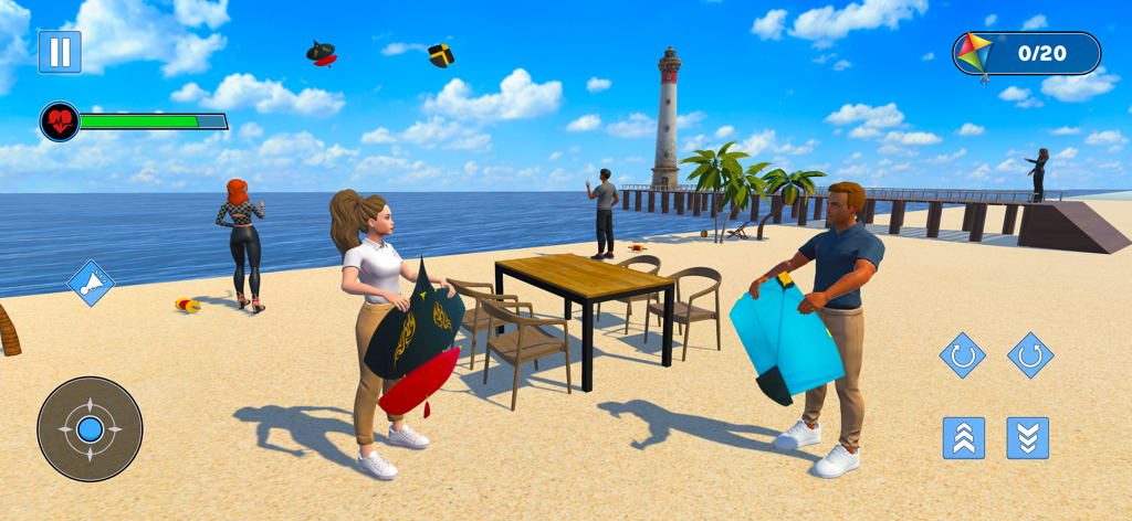 Kite Flying Simulator Games - Two characters standing on a sandy beach holding custom kites near a lighthouse