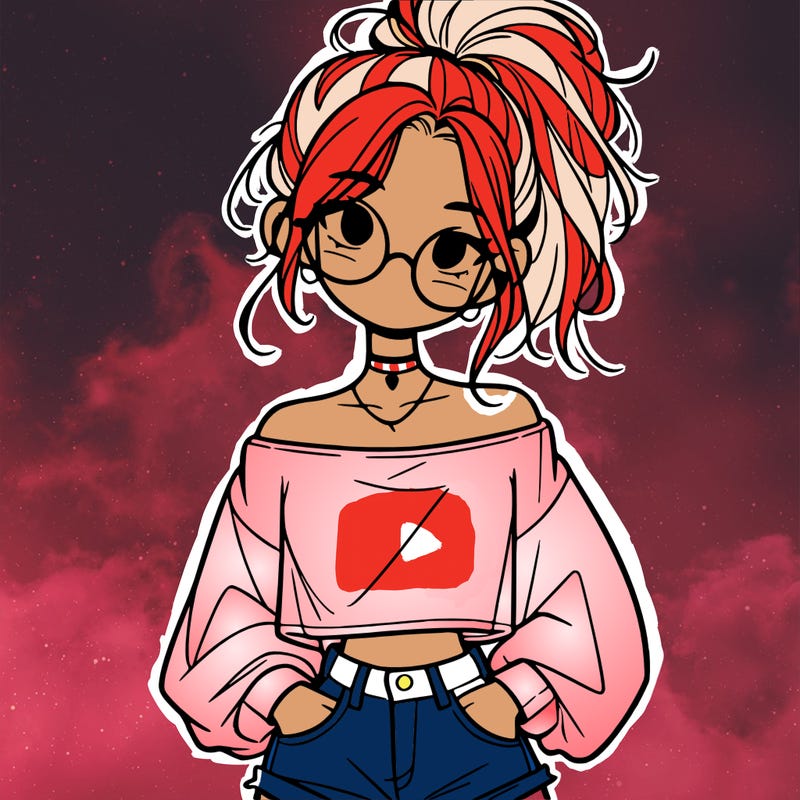 girl with a messy ponytail glasses a baggy crop top and jean shorts